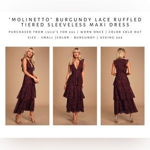 “Molinetto” Burgundy Lace Ruffled Tiered Sleeveless Maxi Dress